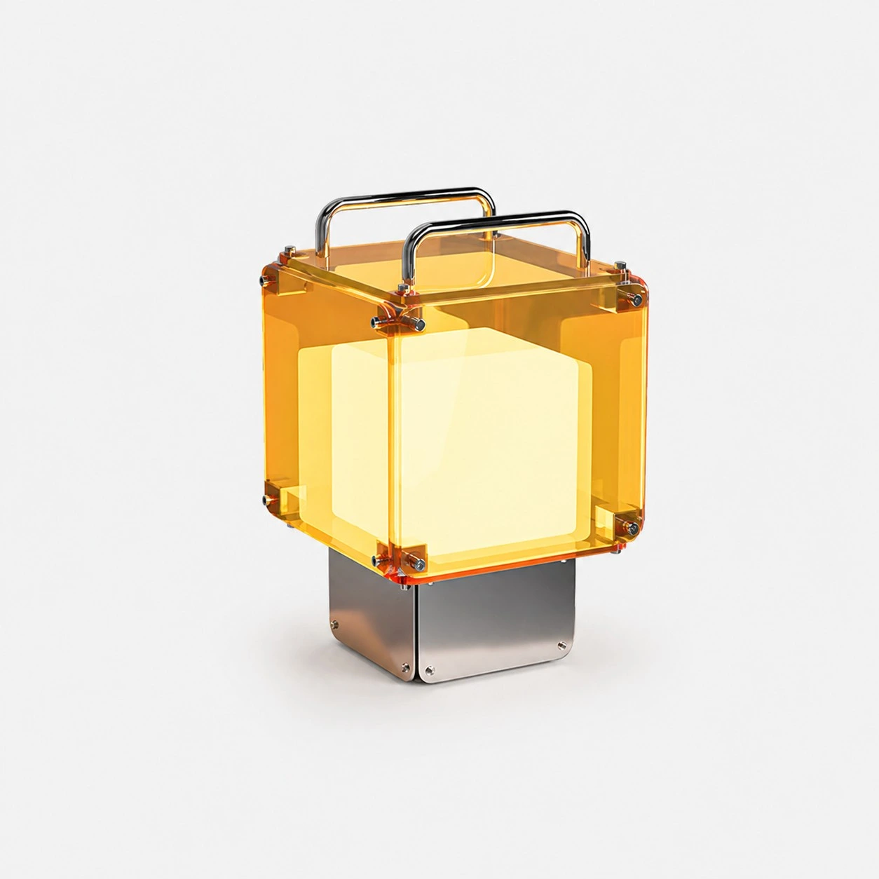 Rechargeable table lamp with translucent acrylic panels and a brushed metal base