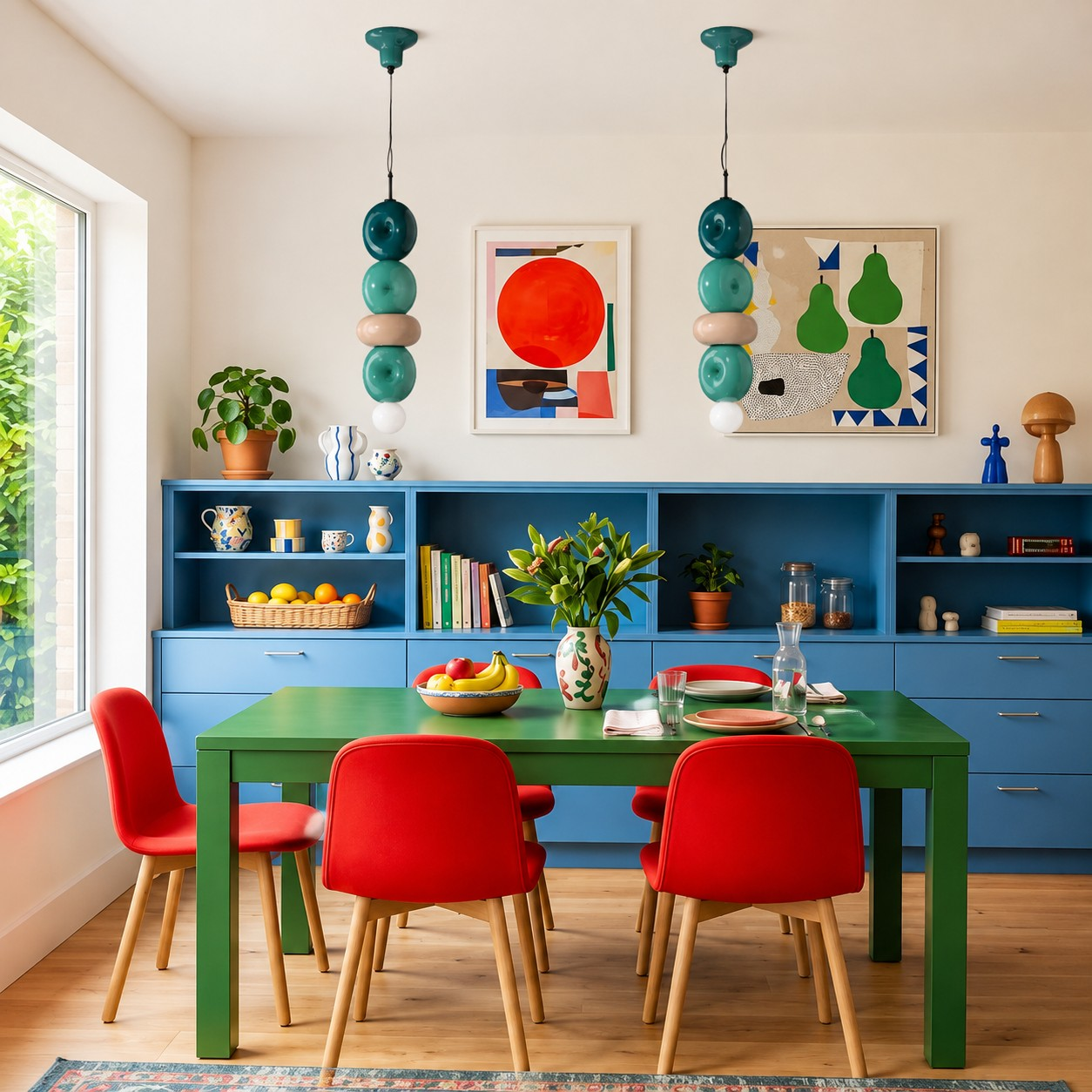 Two sculptural teal ceramic pendants above a colorful dining table
