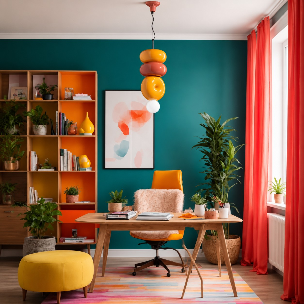 Sculptural ceramic pendant above a home office desk