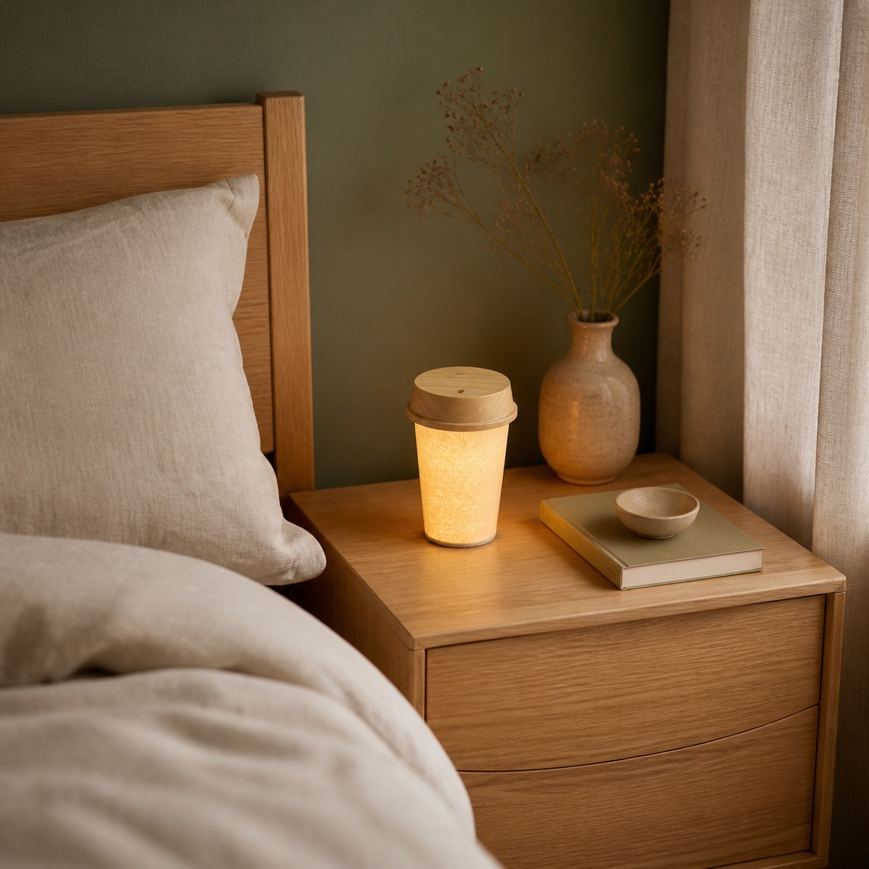 Rechargeable table lamp fabric shade and wood base view