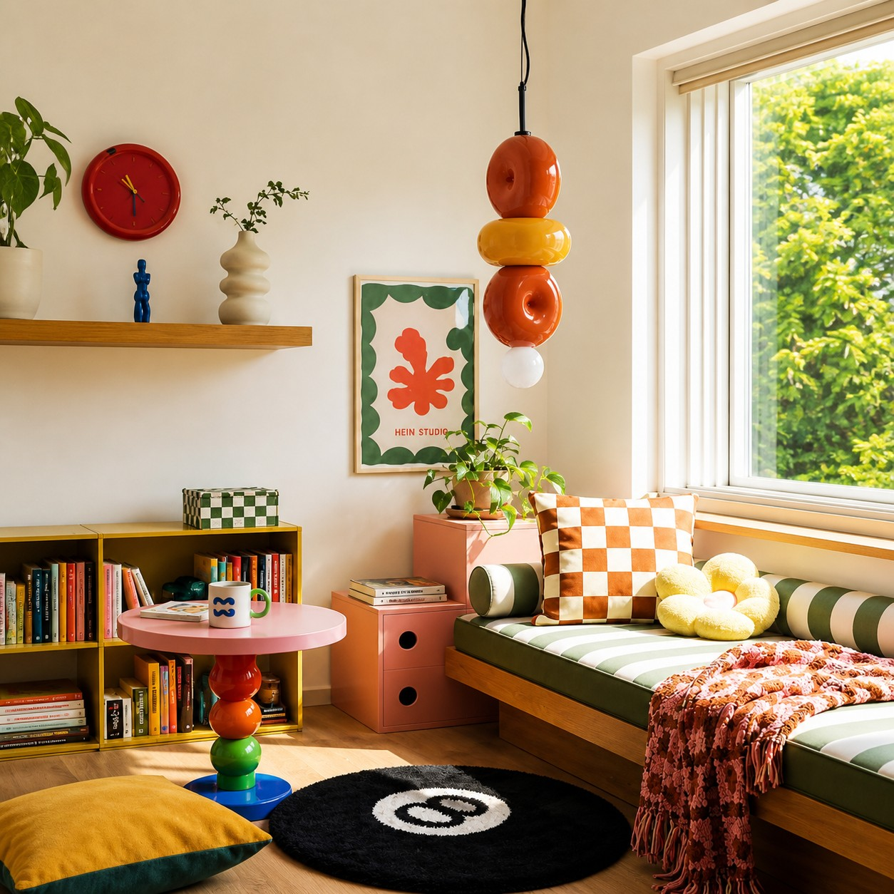 Multicolor sculptural ceramic pendant lamp in a colorful living room corner