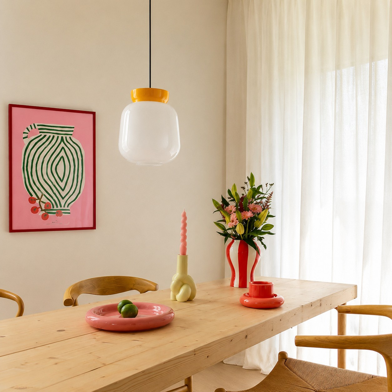 Light Yellow pendant above a dining table