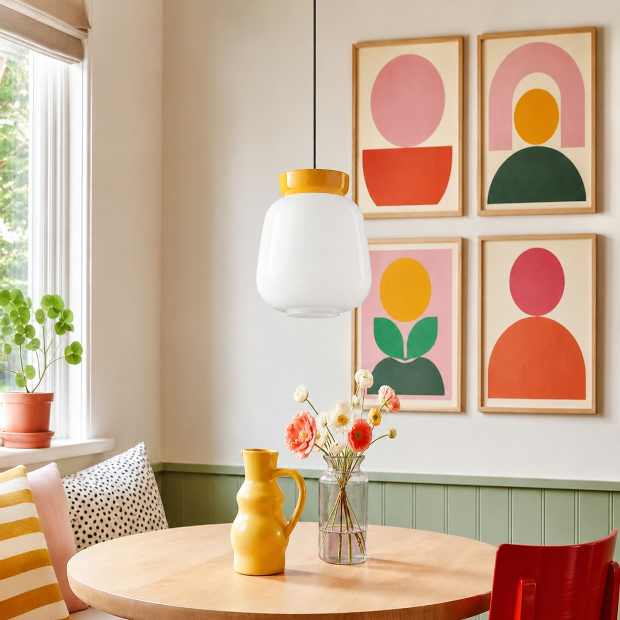 Light Yellow pendant in a colorful dining room