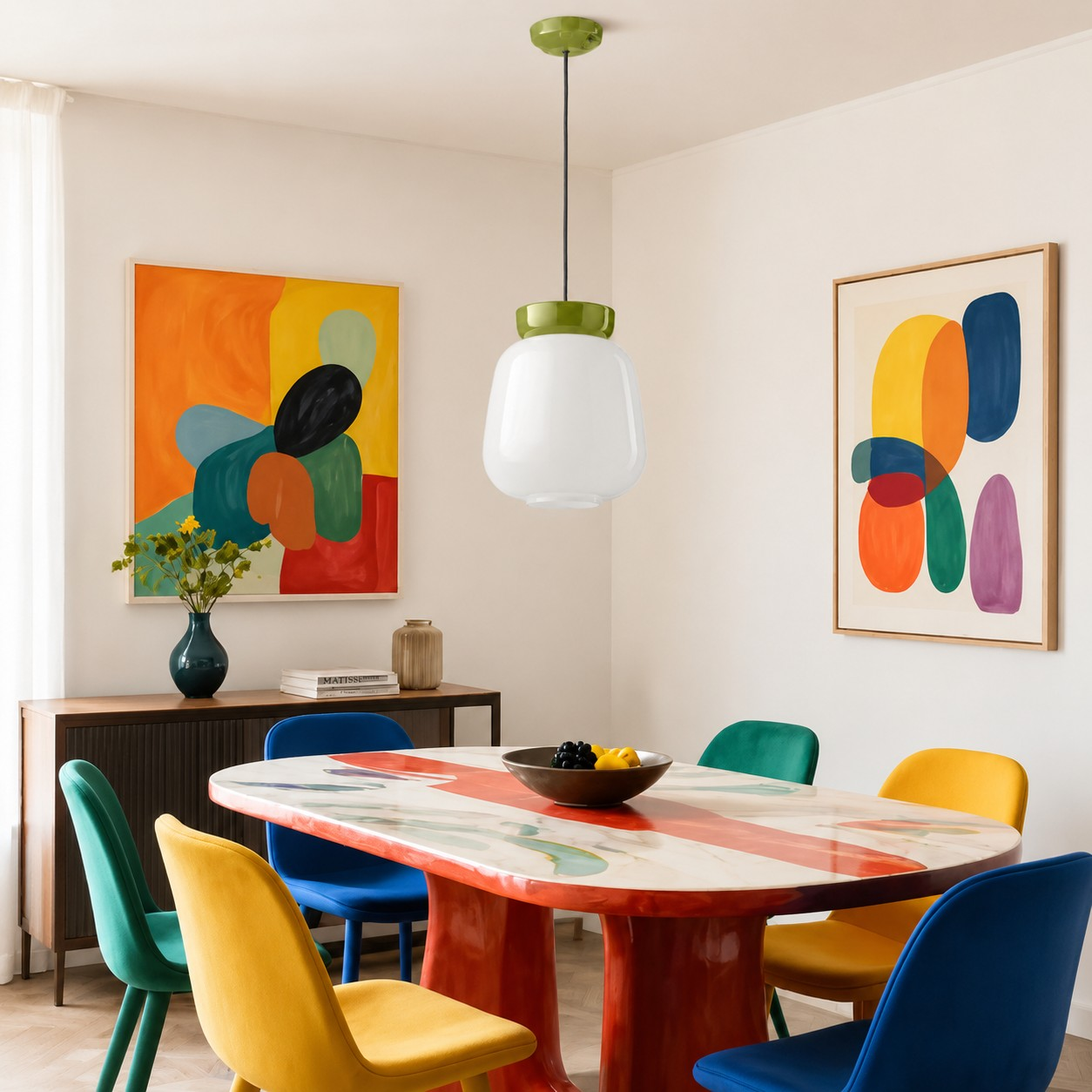 Light Green pendant in a colorful dining room