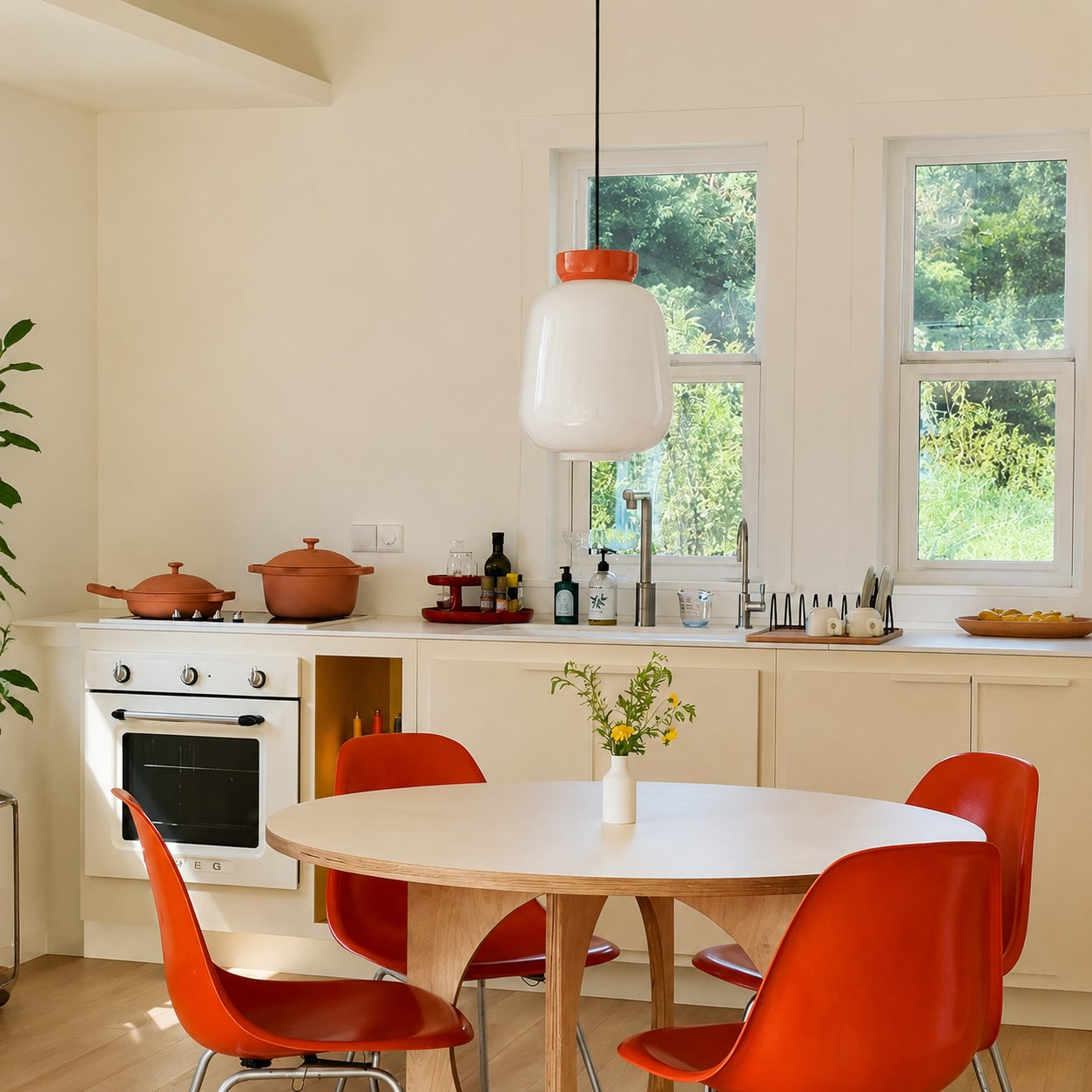 Light Orange pendant in a bright kitchen