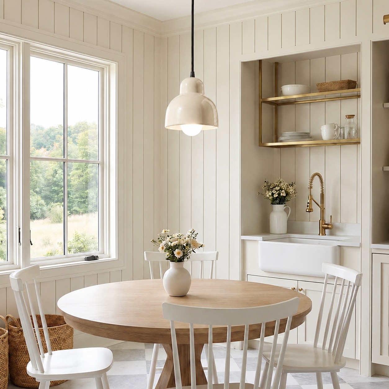Cream ceramic pendant lamp above a bright kitchen dining table