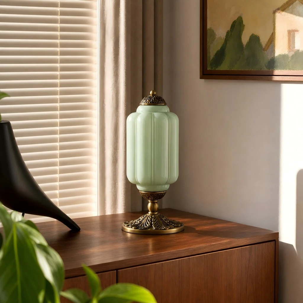 Eloise table lamp glowing in a colorful living room