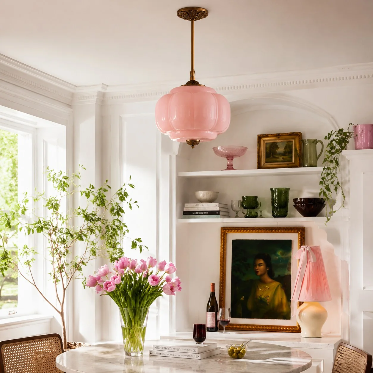 Pink glass pendant above a dining table