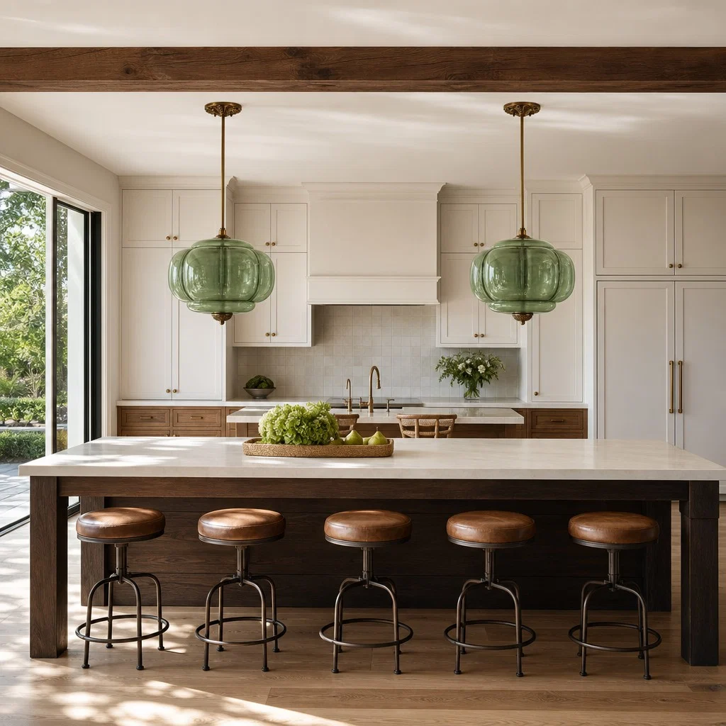 Green glass pendants above a kitchen island