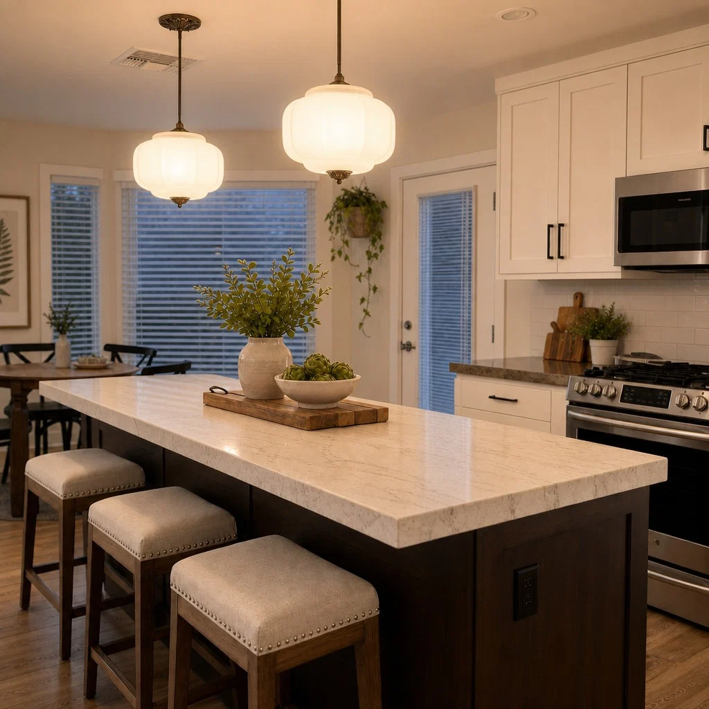 Frosted glass pendants in a bright kitchen