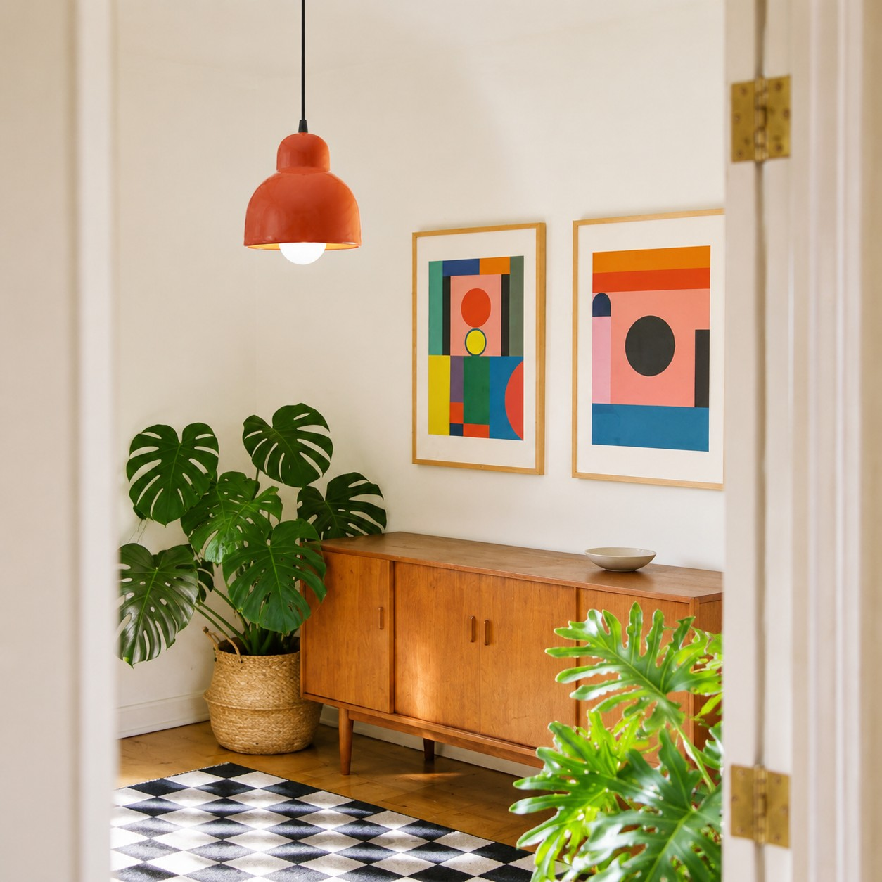 Orange ceramic pendant lamp in a colorful living space