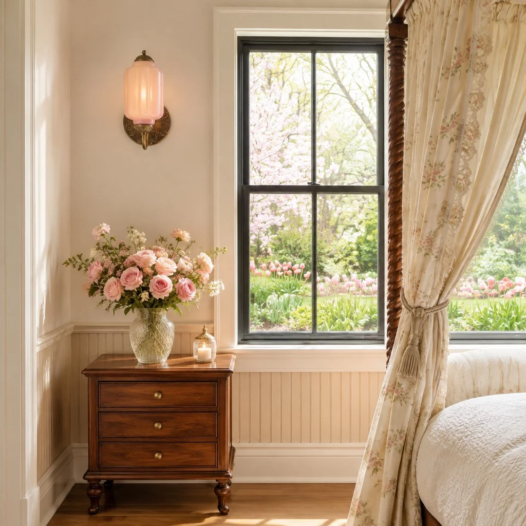 Black and brass Eloise wall sconce beside a bed