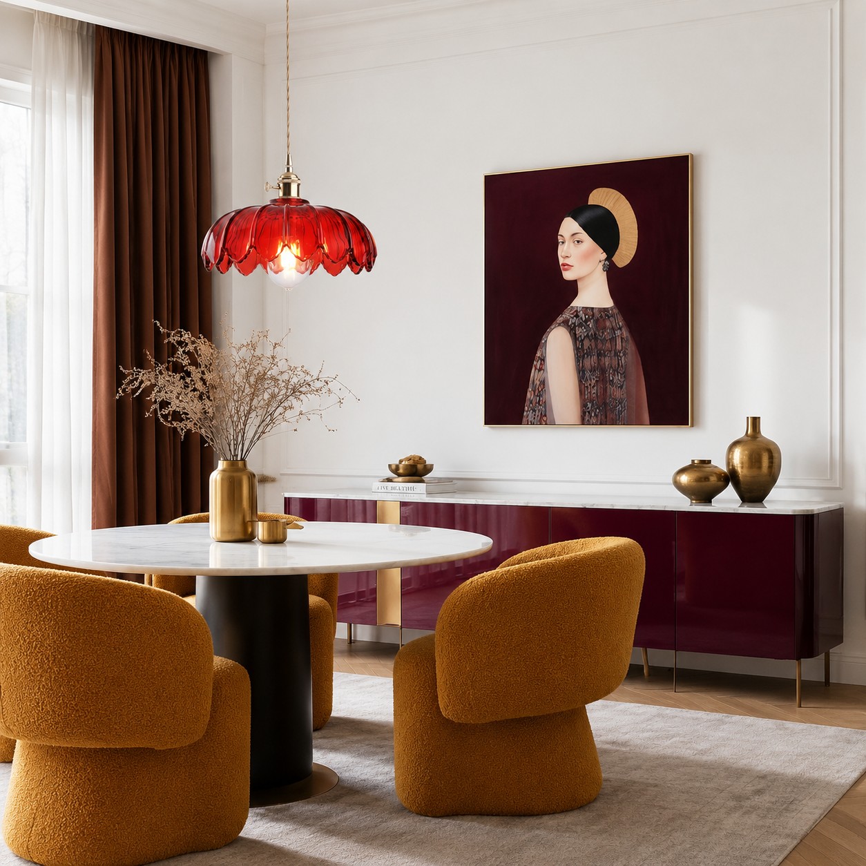 Schwarze und messingfarbene Petalbloom Wandleuchte in einem hellen Schlafzimmer