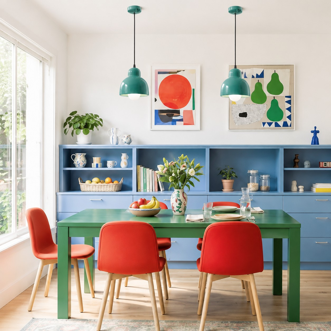 Turquoise ceramic pendant lamps above a colorful dining table