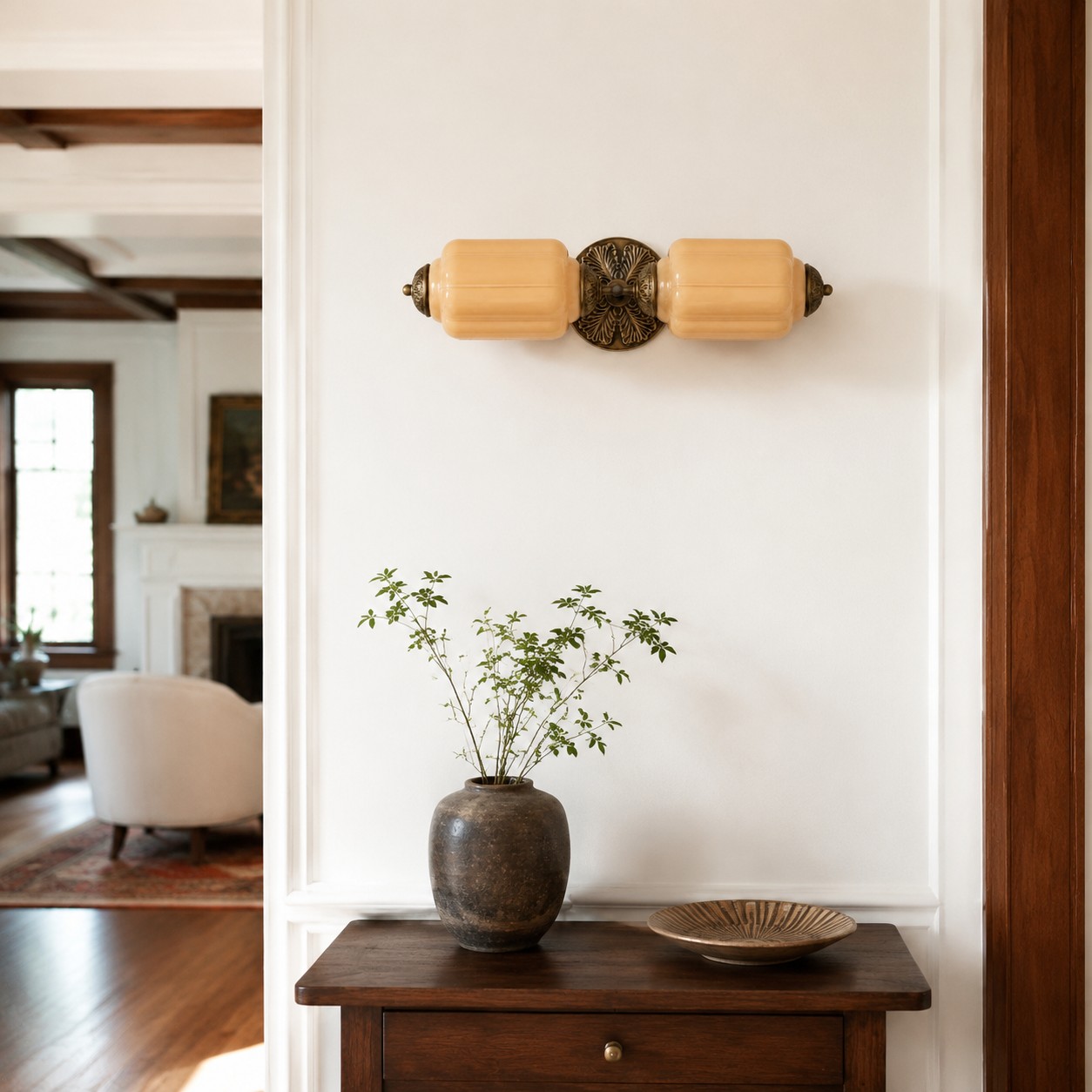 Amber Eloise glass wall lamp in a paneled hallway