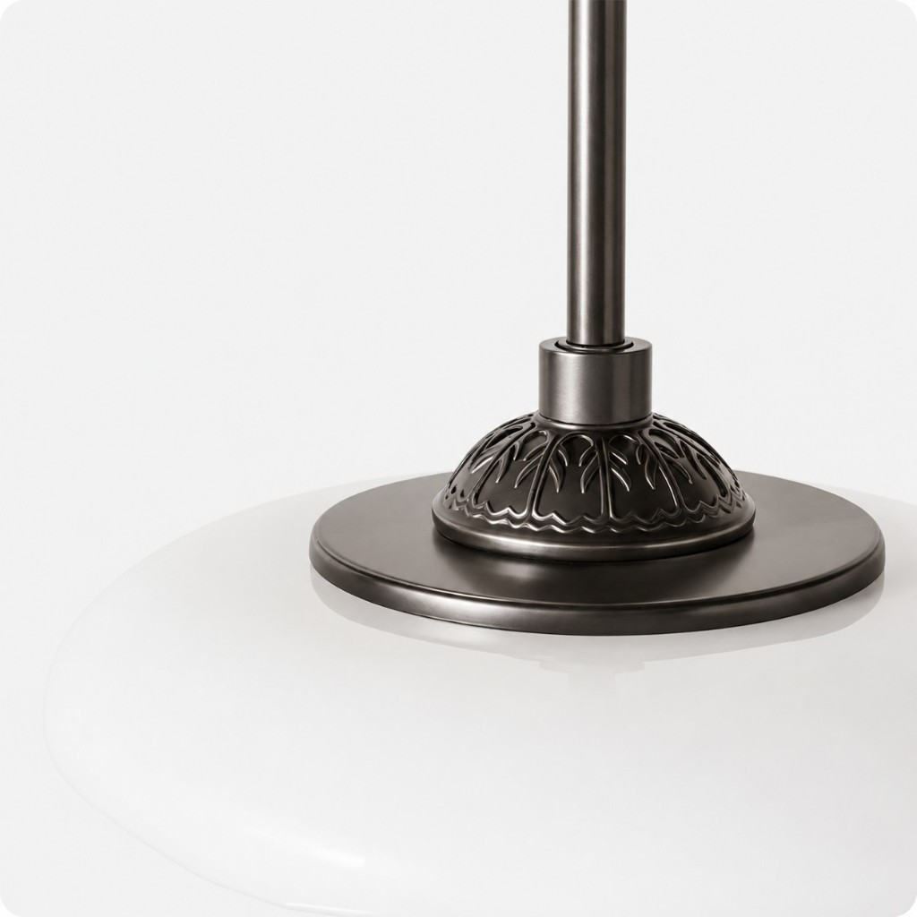 Ornate metal cap and rod on milk glass shade