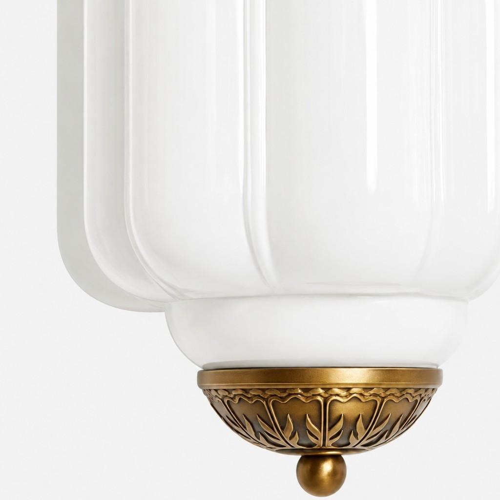 Fluted milk glass shade and ornate brass end cap