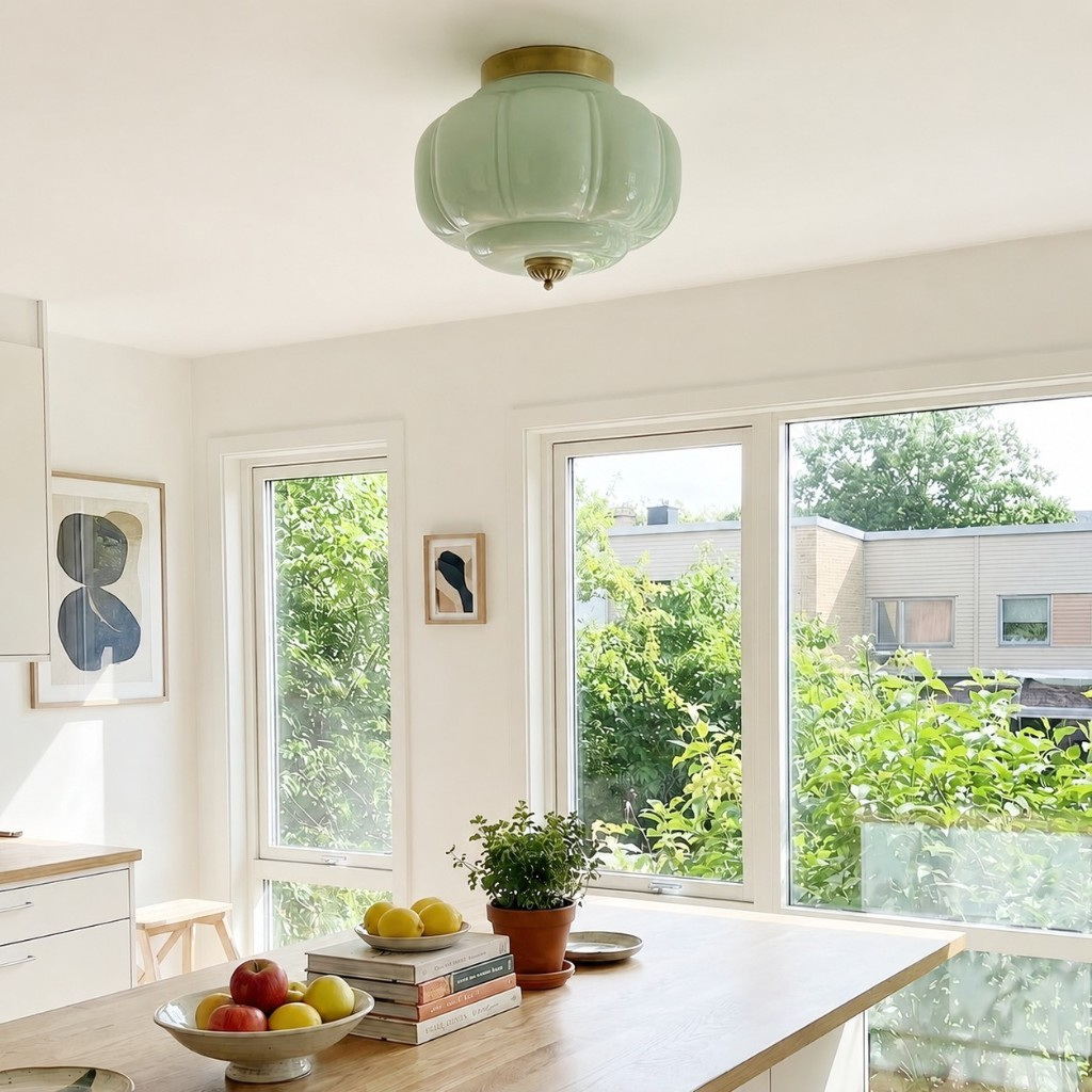 Green Eloise glass ceiling lamp with brass hardware in a kitchen