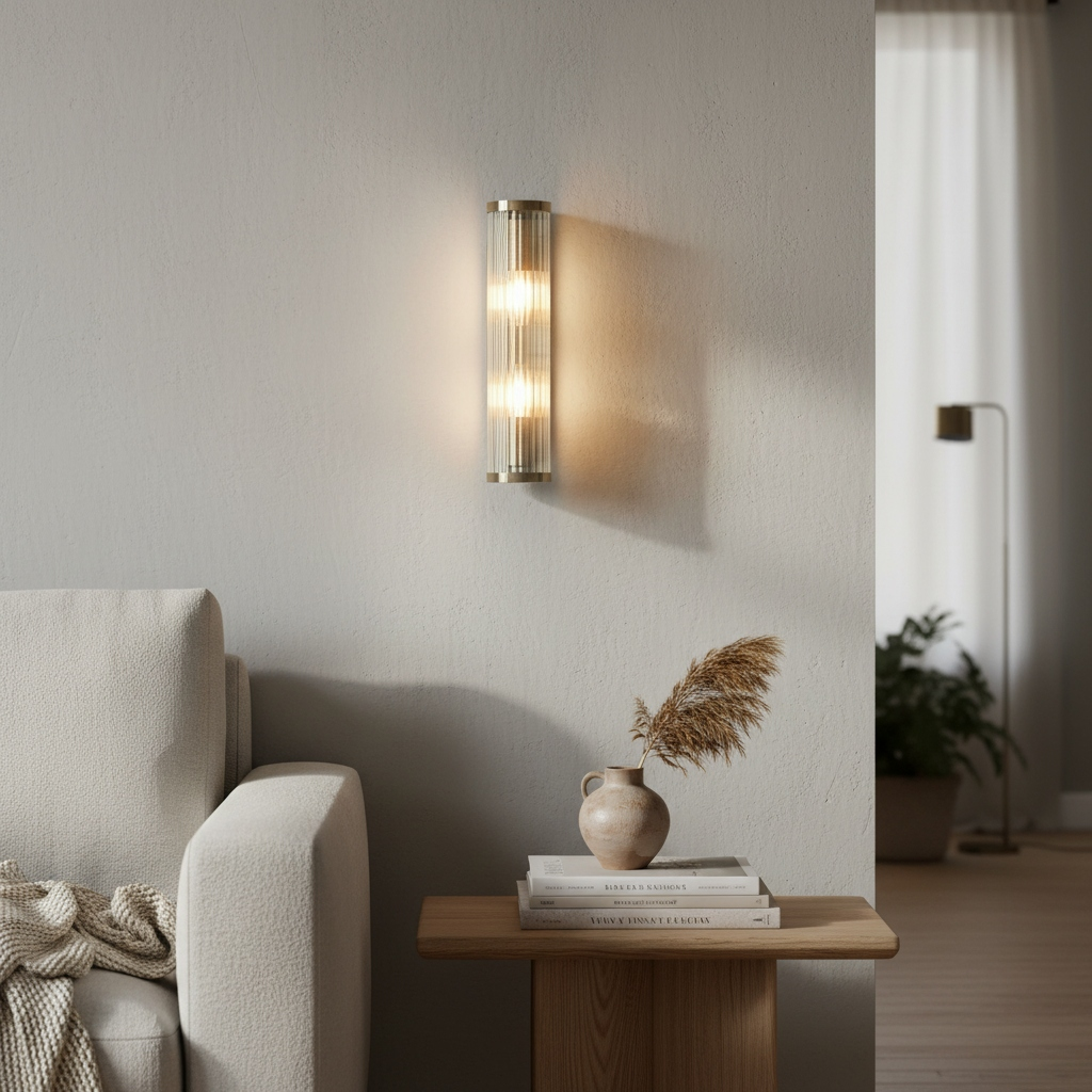 Black and brass RibGlow wall sconce in a bright bedroom