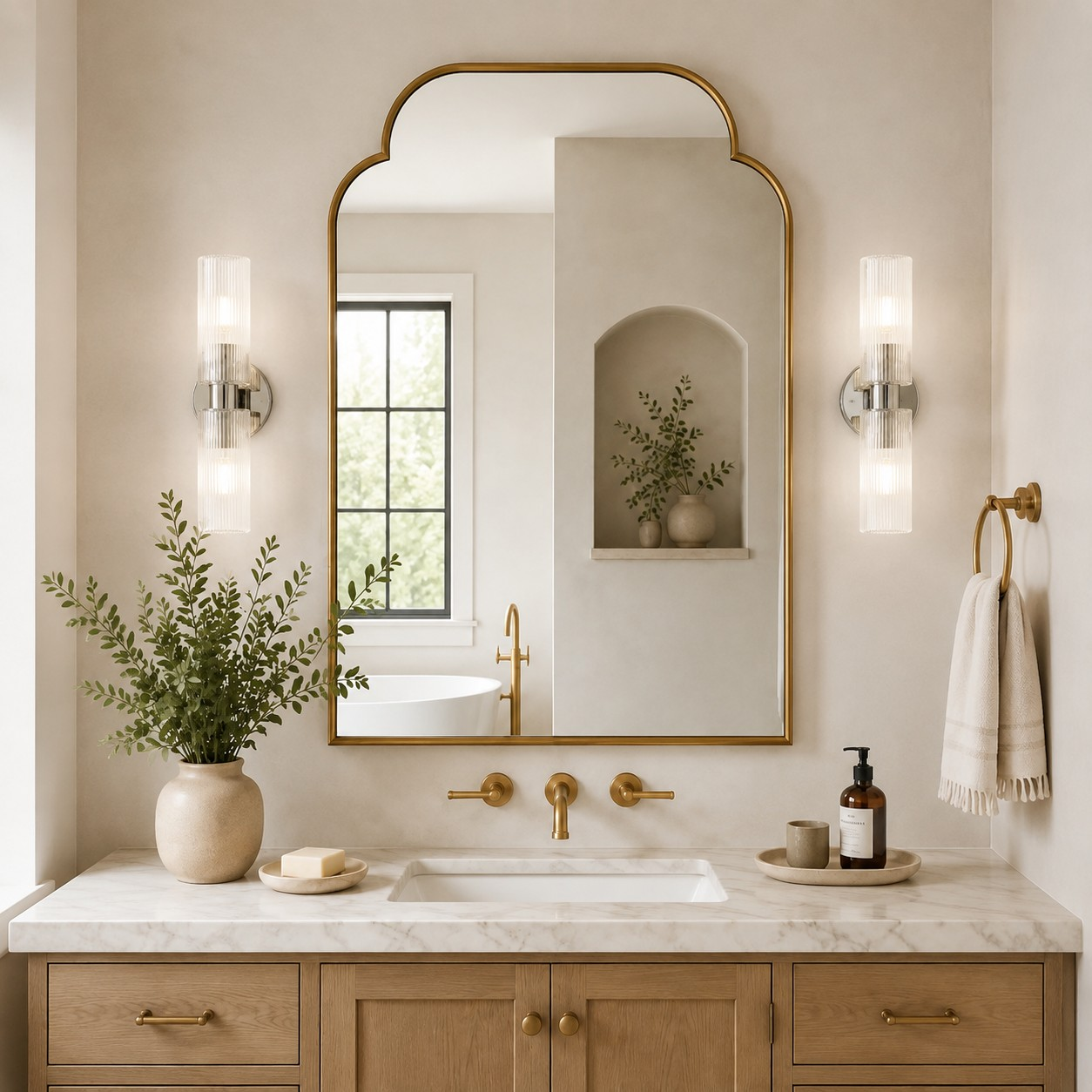 Clear glass and polished nickel wall lights beside a bathroom mirror
