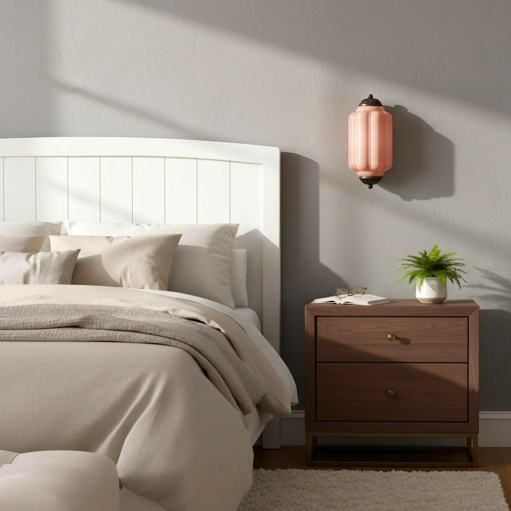 Pink Eloise glass wall lamp beside a bedroom nightstand