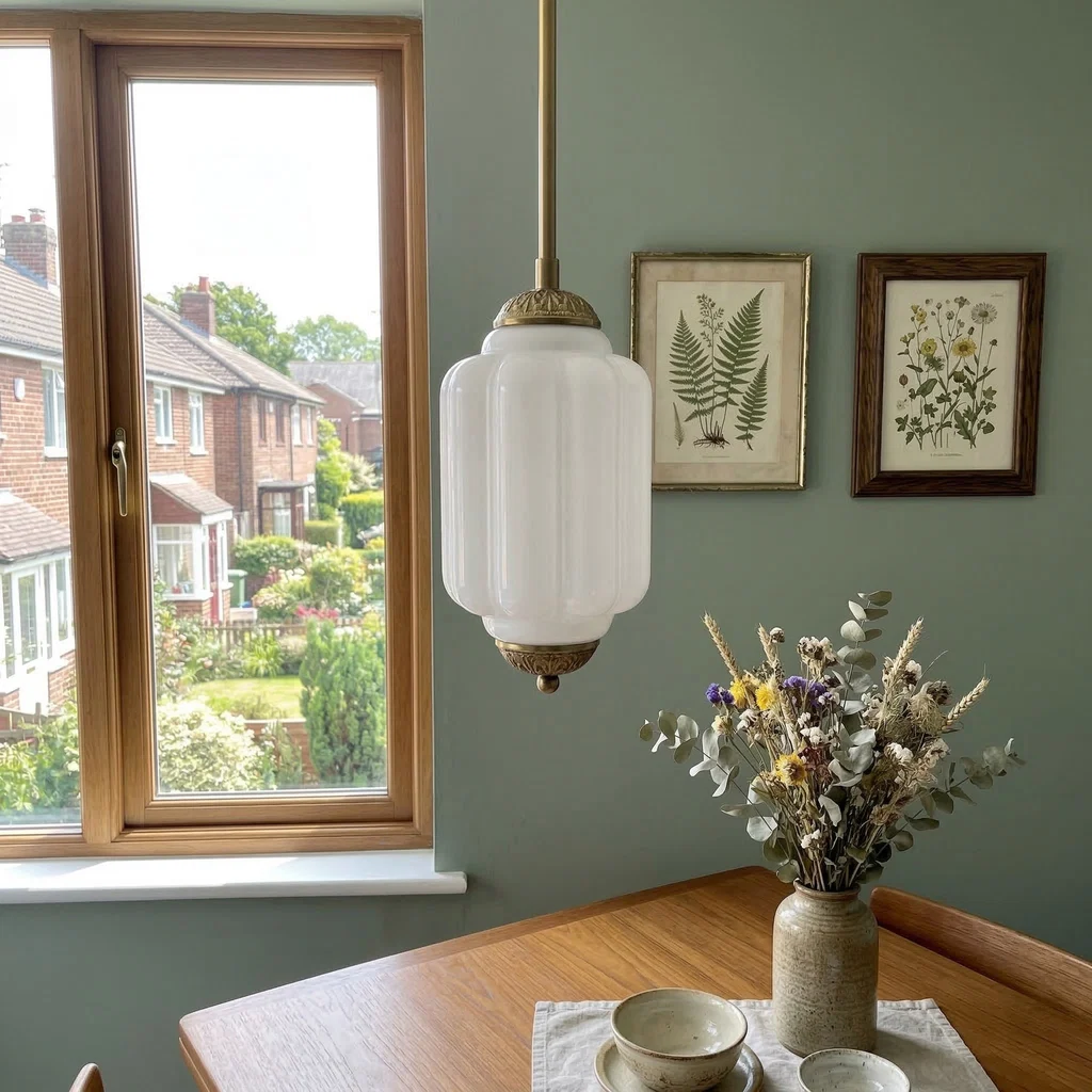 White Eloise glass pendant lamp with brass hardware over a dining table