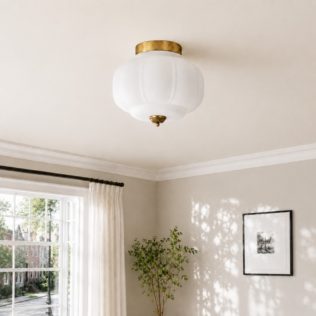 White Eloise glass ceiling lamp with brass hardware beside a window