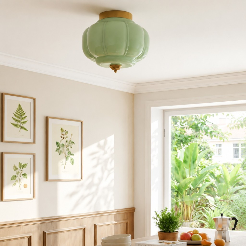 Green Eloise glass ceiling lamp with brass hardware in a bright dining room