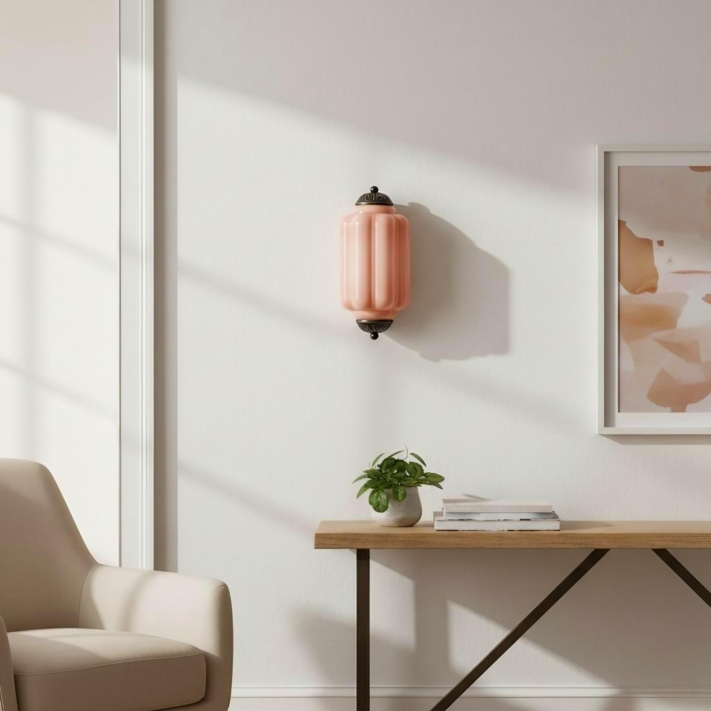 Pink Eloise glass wall lamp on a sunlit wall above a console