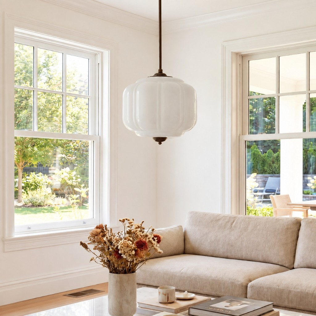 White Eloise glass pendant lamp in a bright living room