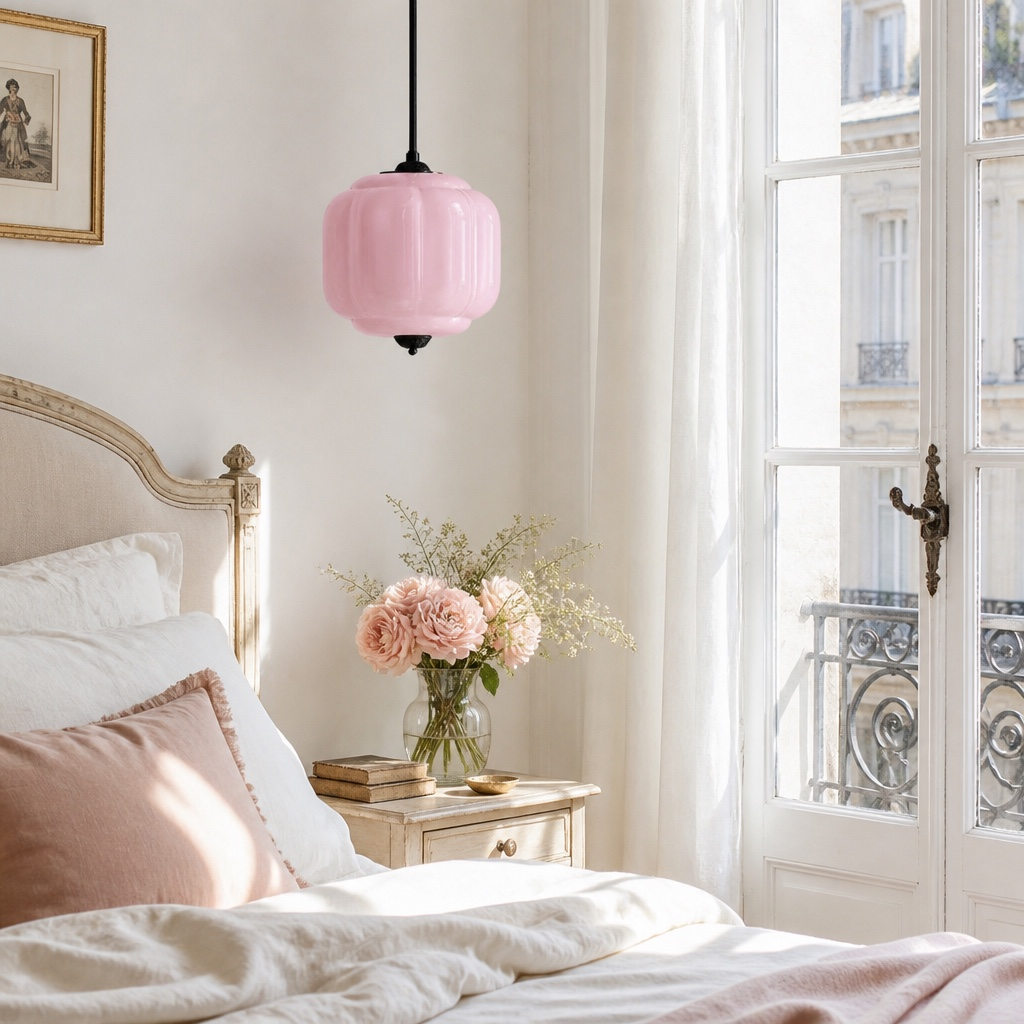 Pink Eloise glass pendant lamp in a bedroom