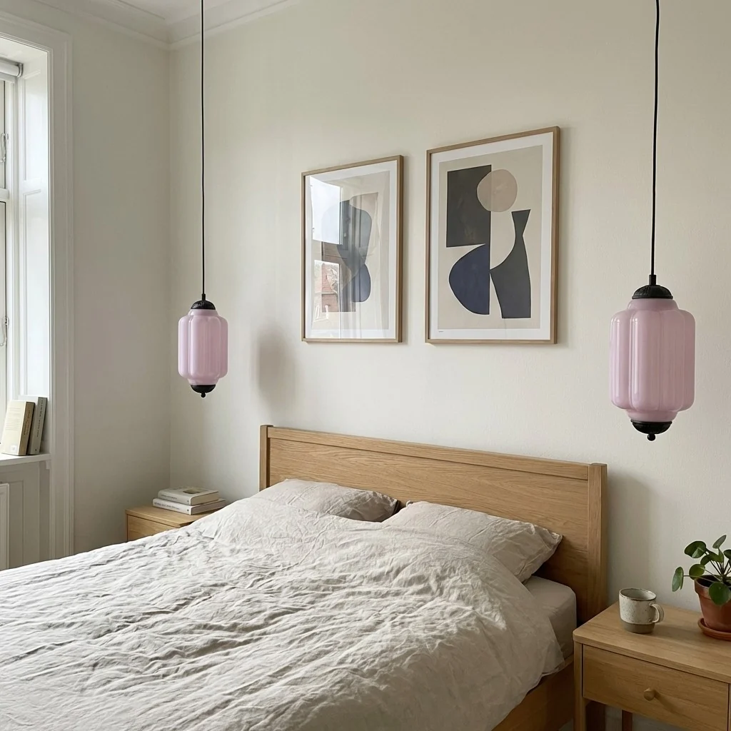 Pink Eloise glass pendant lamps with black hardware beside a bed