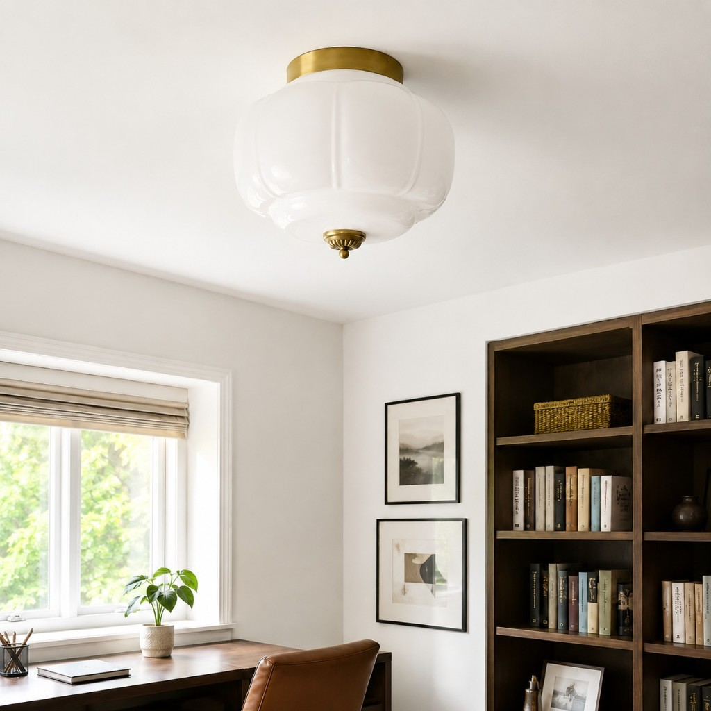 White Eloise glass ceiling lamp with brass hardware in a home office