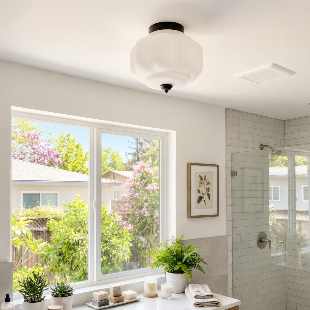 White Eloise glass ceiling lamp with black hardware in a bathroom