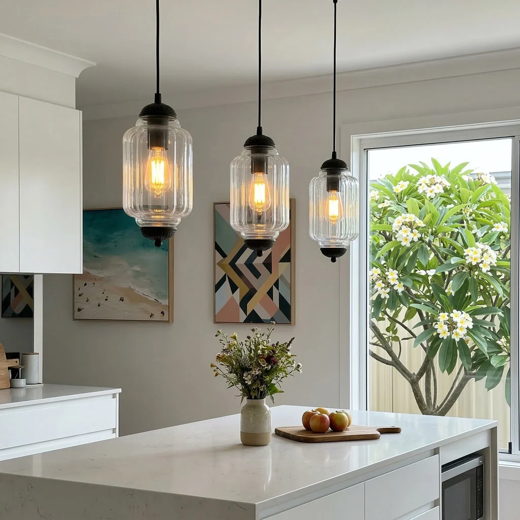 Clear Eloise glass pendant lamps with black hardware over a kitchen island