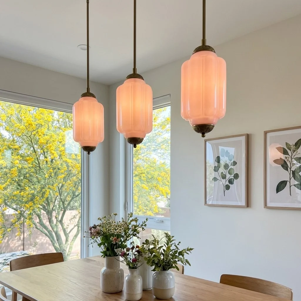 Pink Eloise glass pendant lamps with brass hardware over a dining table