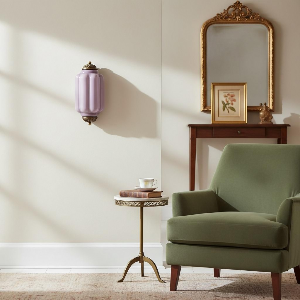 Lavender Eloise glass wall lamp in a bright living room with a gold mirror