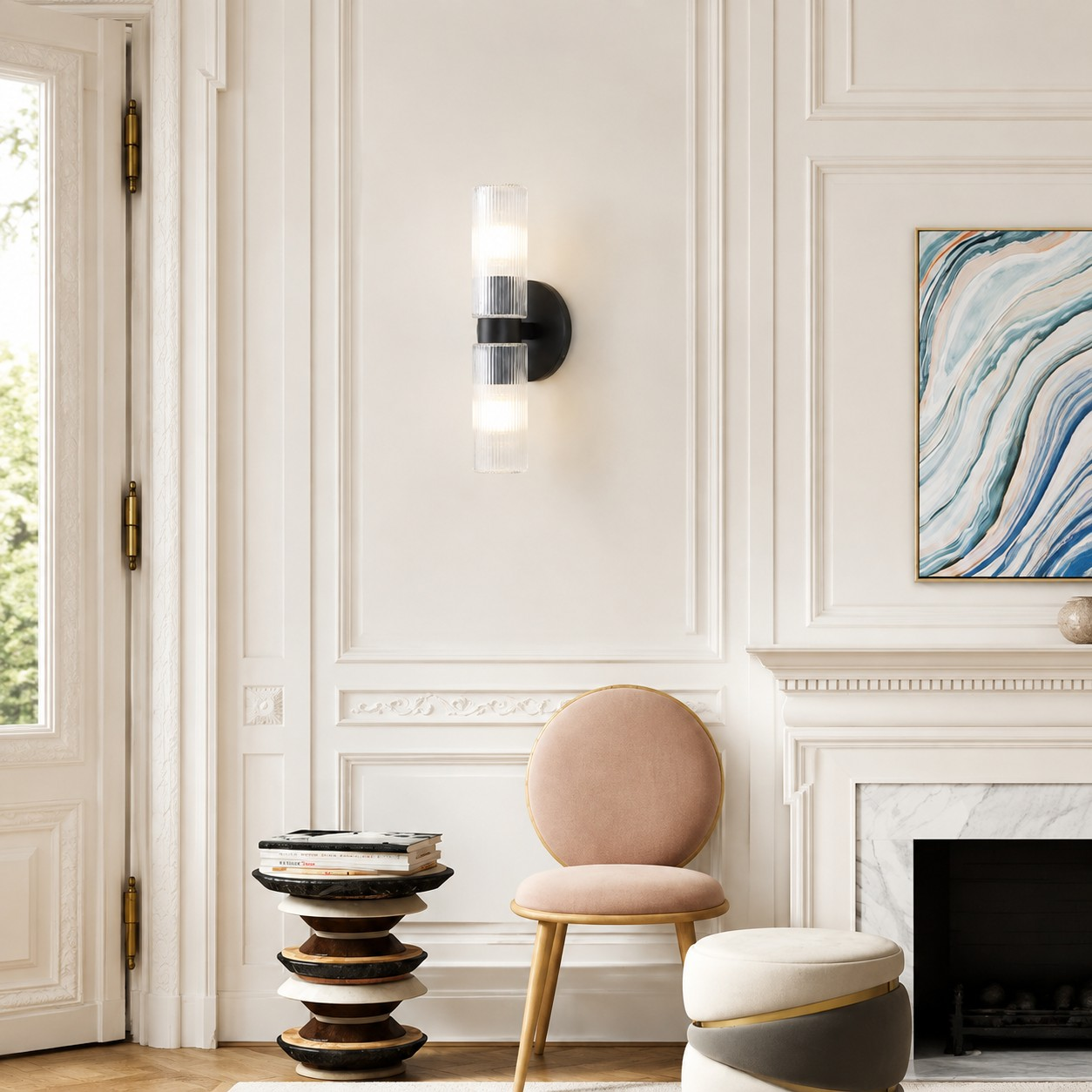 Clear glass and matte black Rivora wall light in a living room