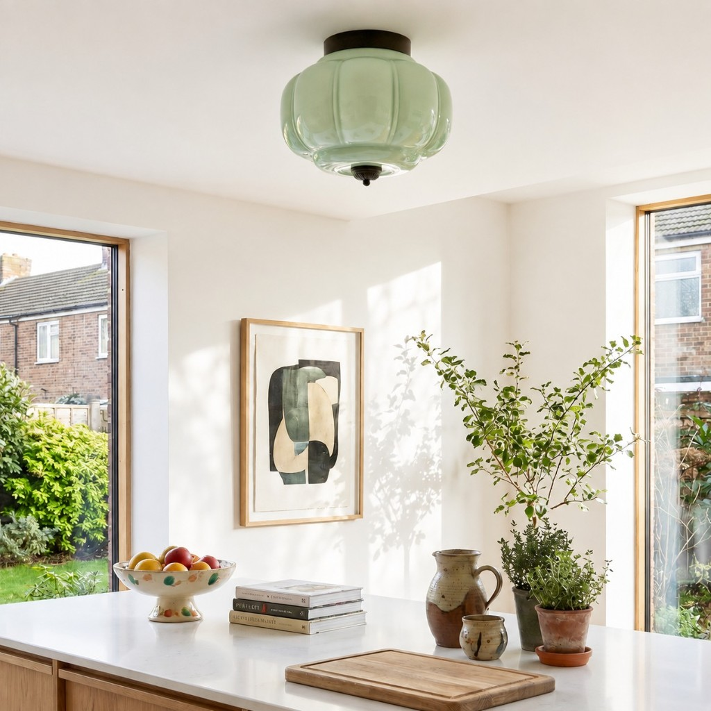 Green Eloise glass ceiling lamp with black hardware in a kitchen