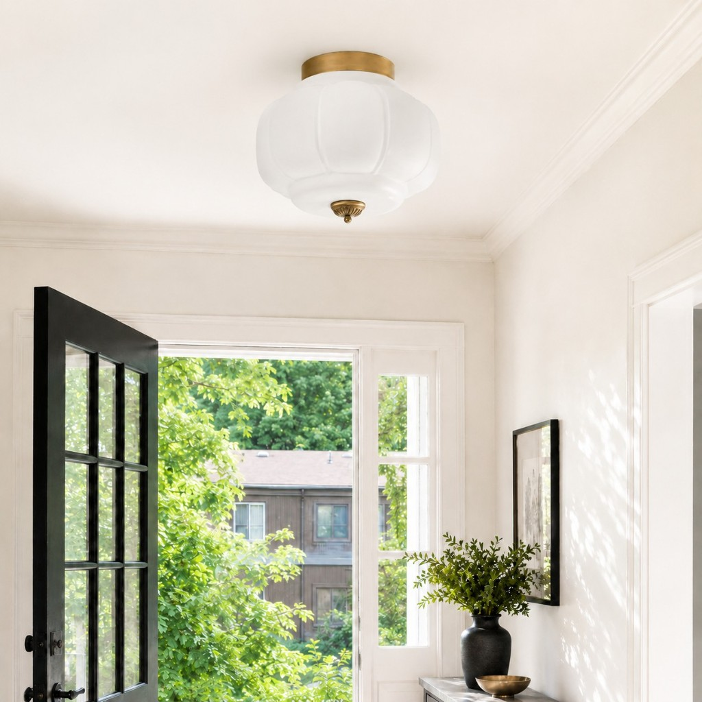 White Eloise glass ceiling lamp with brass hardware in an entryway