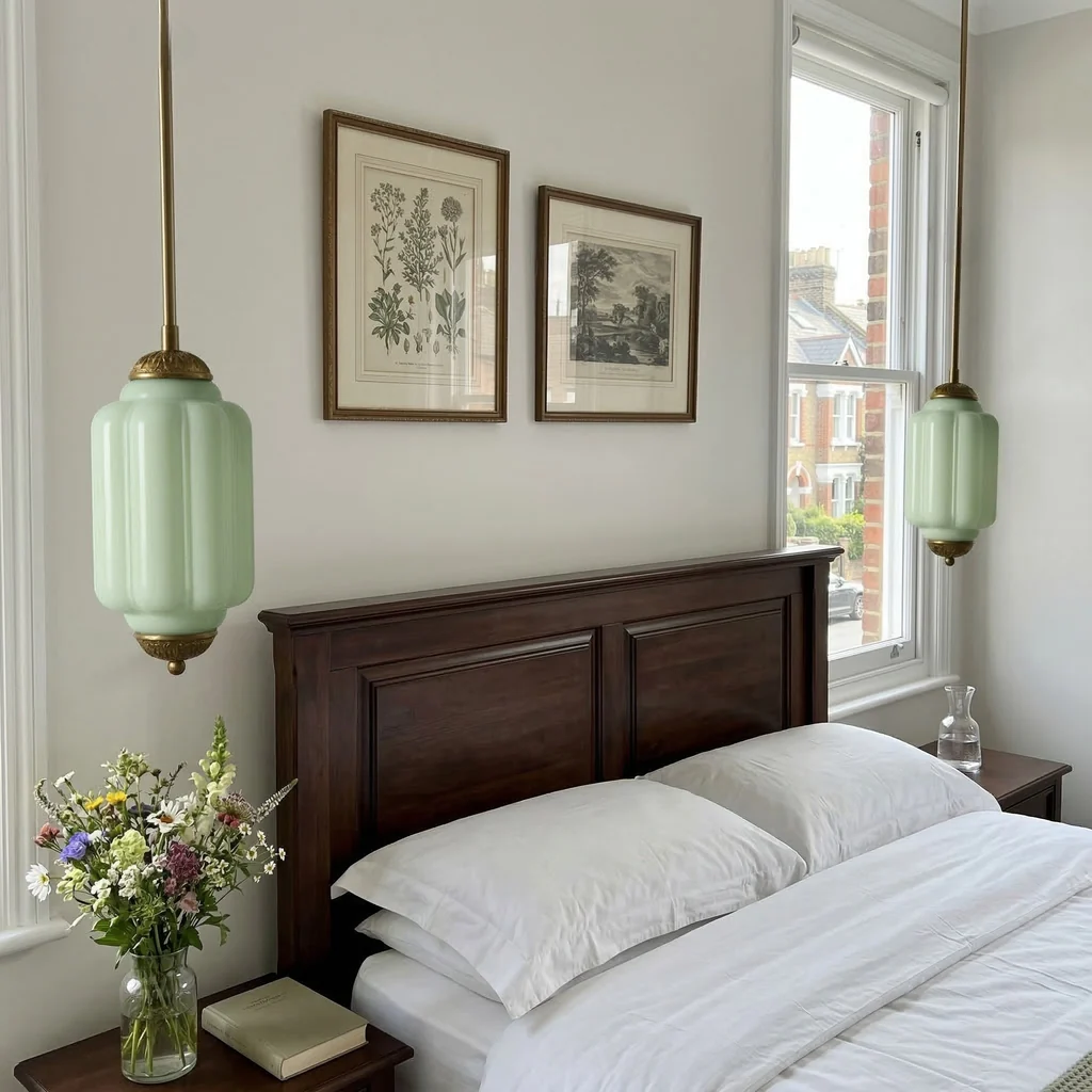 Green Eloise glass pendant lamps with brass hardware beside a bed