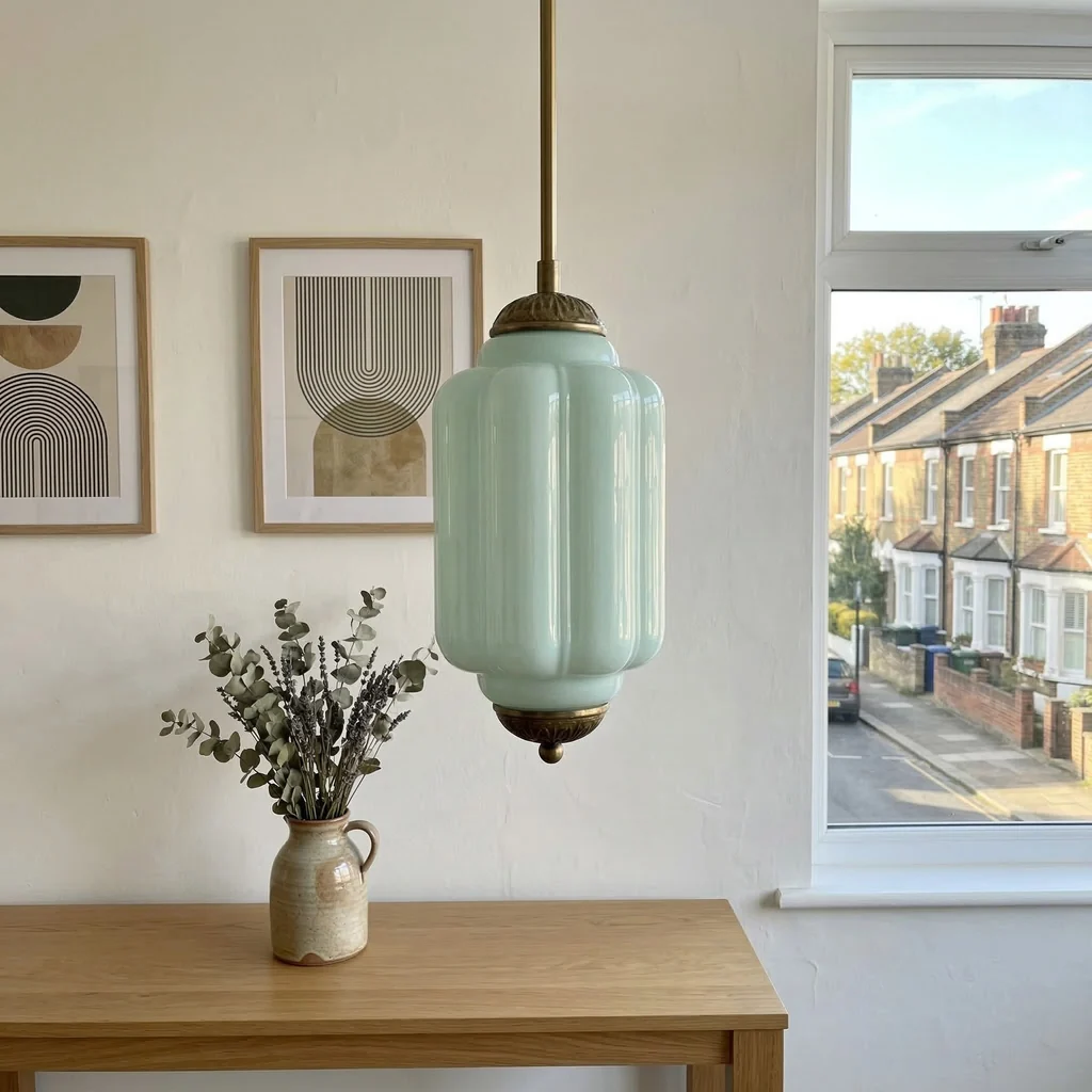 Green Eloise glass pendant lamp with brass hardware over a desk