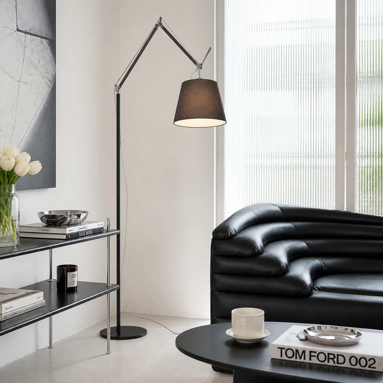 Adjustable floor lamp in a living room