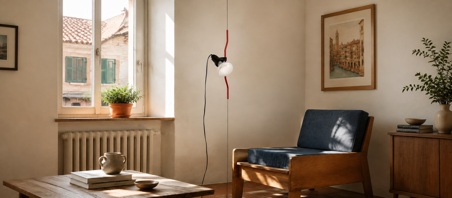 Red Parentesi lamp in a sunlit living room