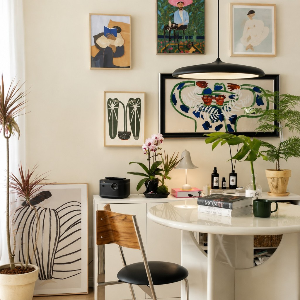 Black Macaron pendant over a dining table with wall art