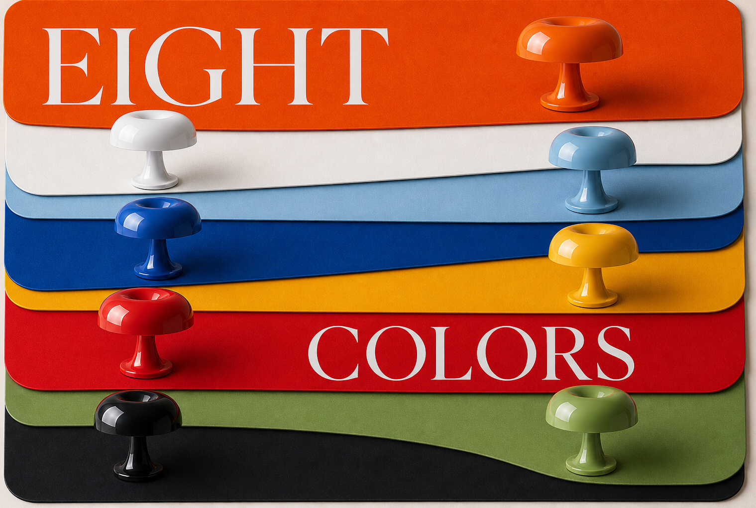 Nessino mushroom table lamp in eight stacked color chips