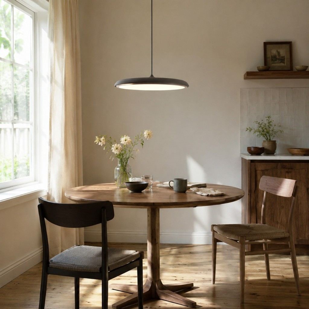 Gray Macaron pendant over a round wood dining table