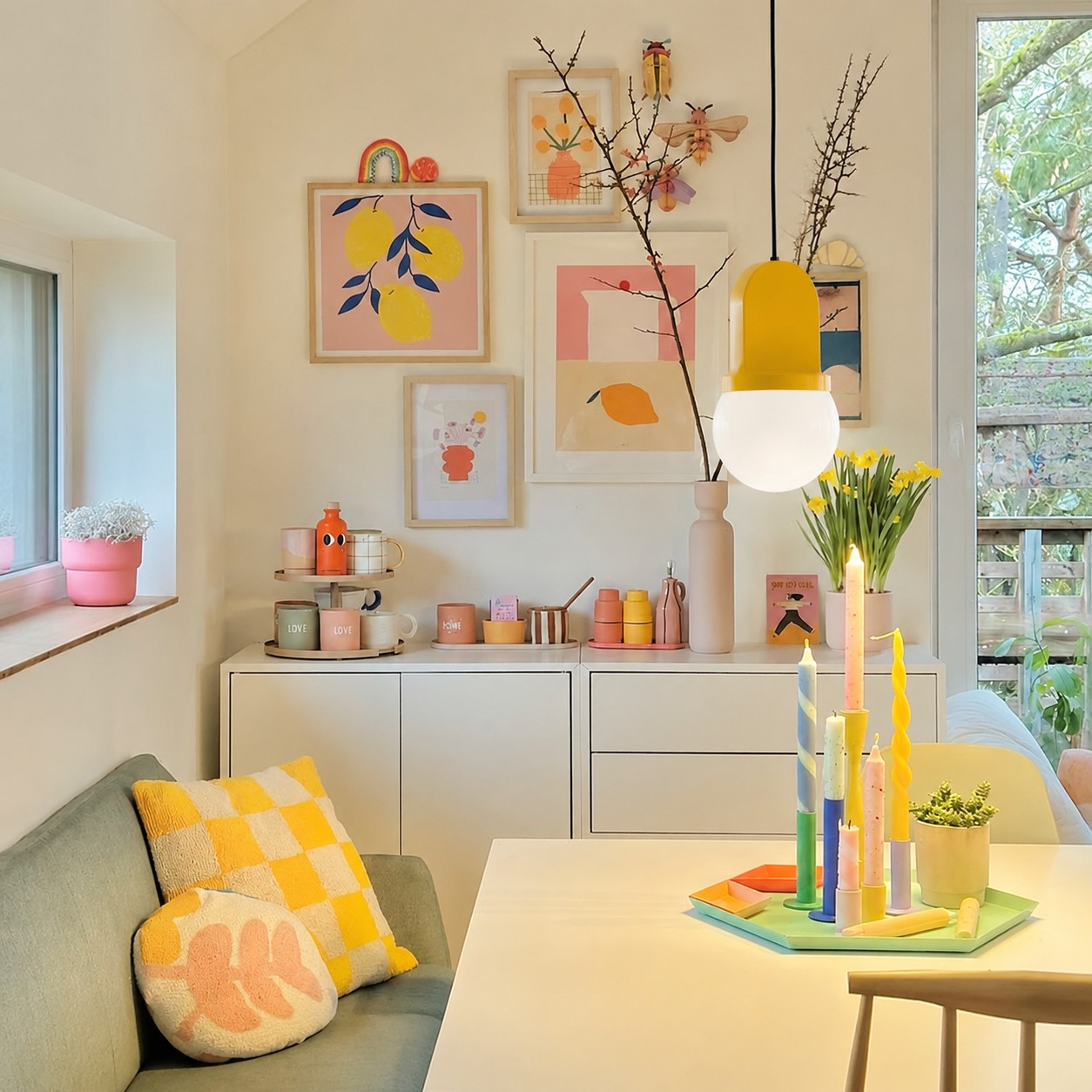 Sculptural ceramic pendant lamp in a colorful dining interior