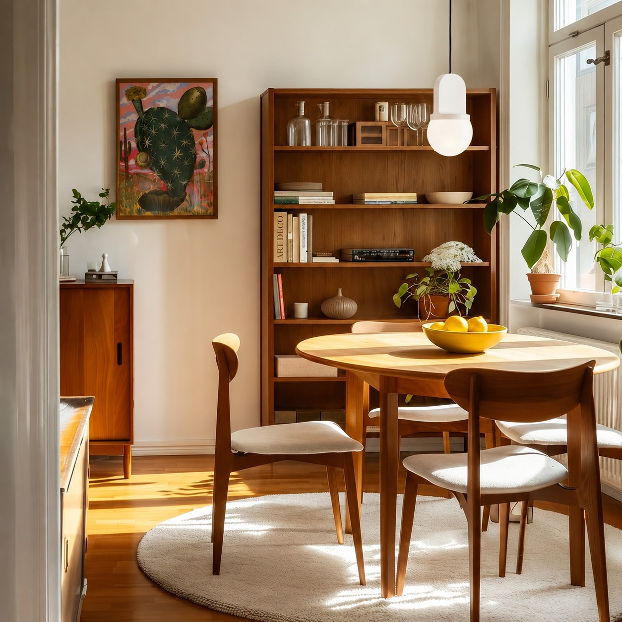 Sculptural ceramic pendant lamp above a dining table