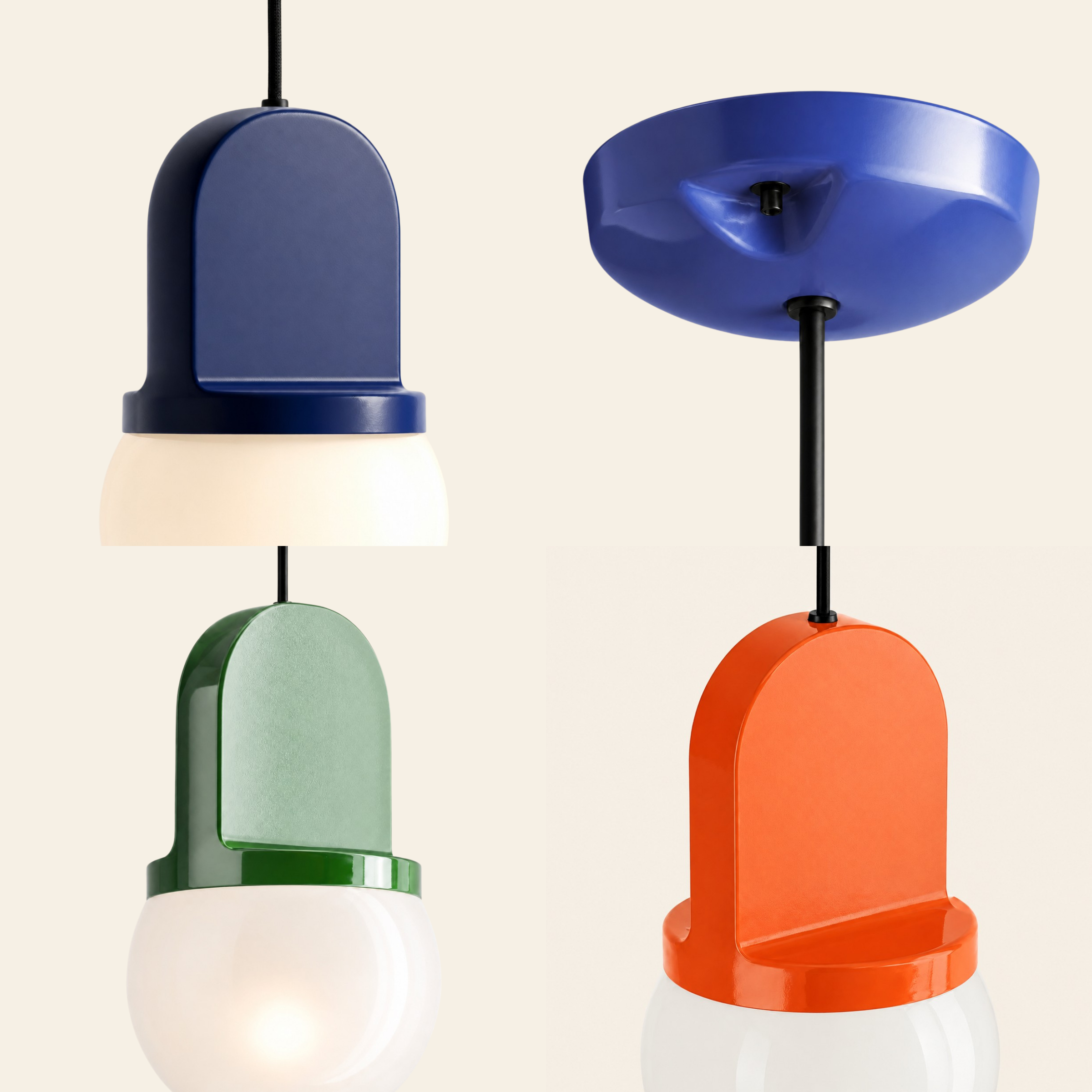 Four complete close details of the ceramic and blown glass pendant lamp